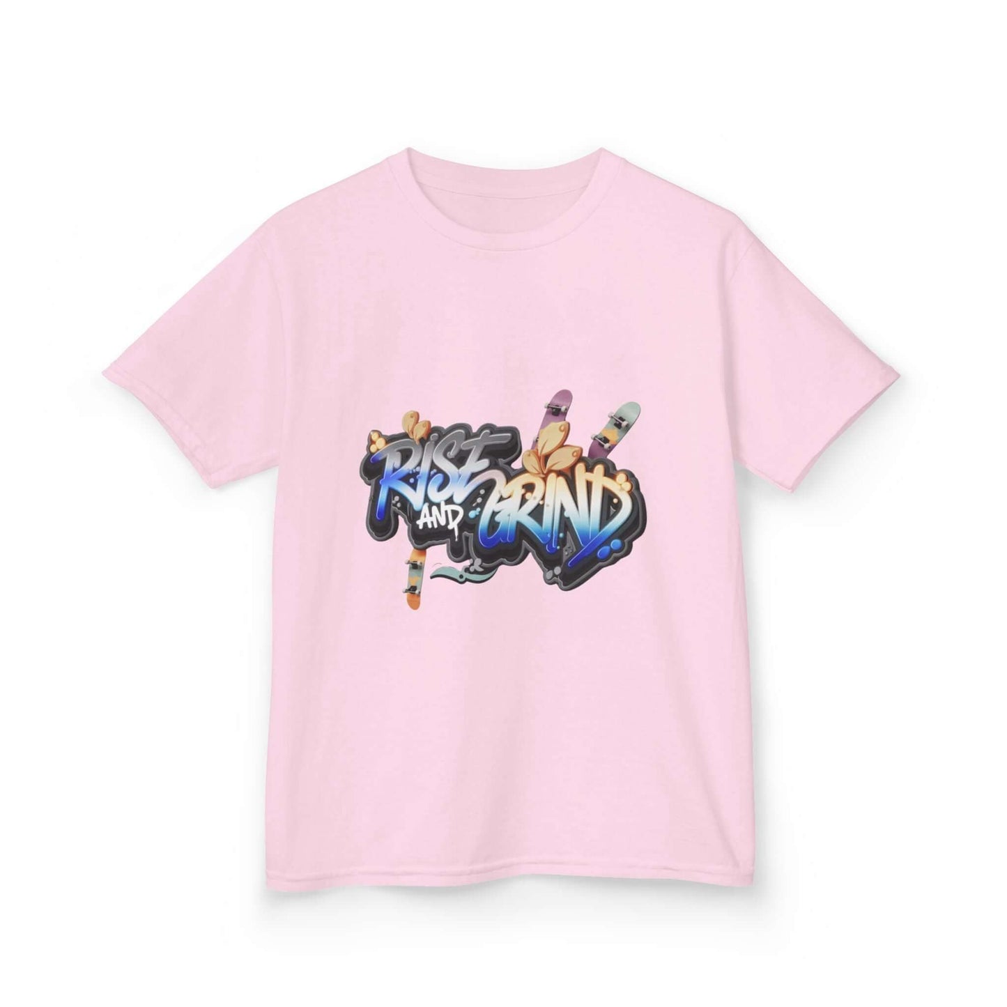 Kid's T-shirt in light pink with graffiti 'Rise and Grind' design, featuring skateboards and urban style.