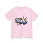 Kid's T-shirt in light pink with graffiti 'Rise and Grind' design, featuring skateboards and urban style.