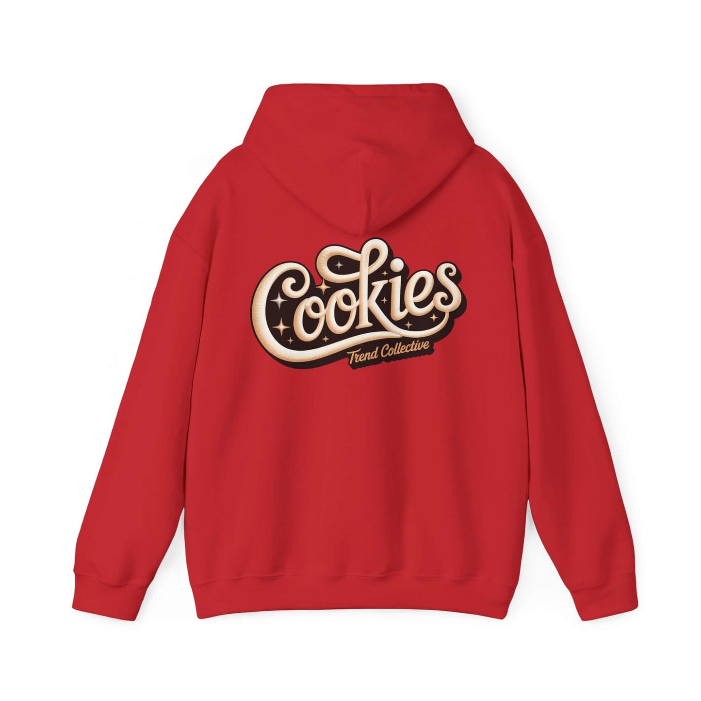 Red hoodie featuring vintage-inspired hand-lettered 'Cookies Trend Collective' design in elegant script.