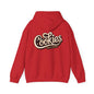 Red hoodie featuring vintage-inspired hand-lettered 'Cookies Trend Collective' design in elegant script.
