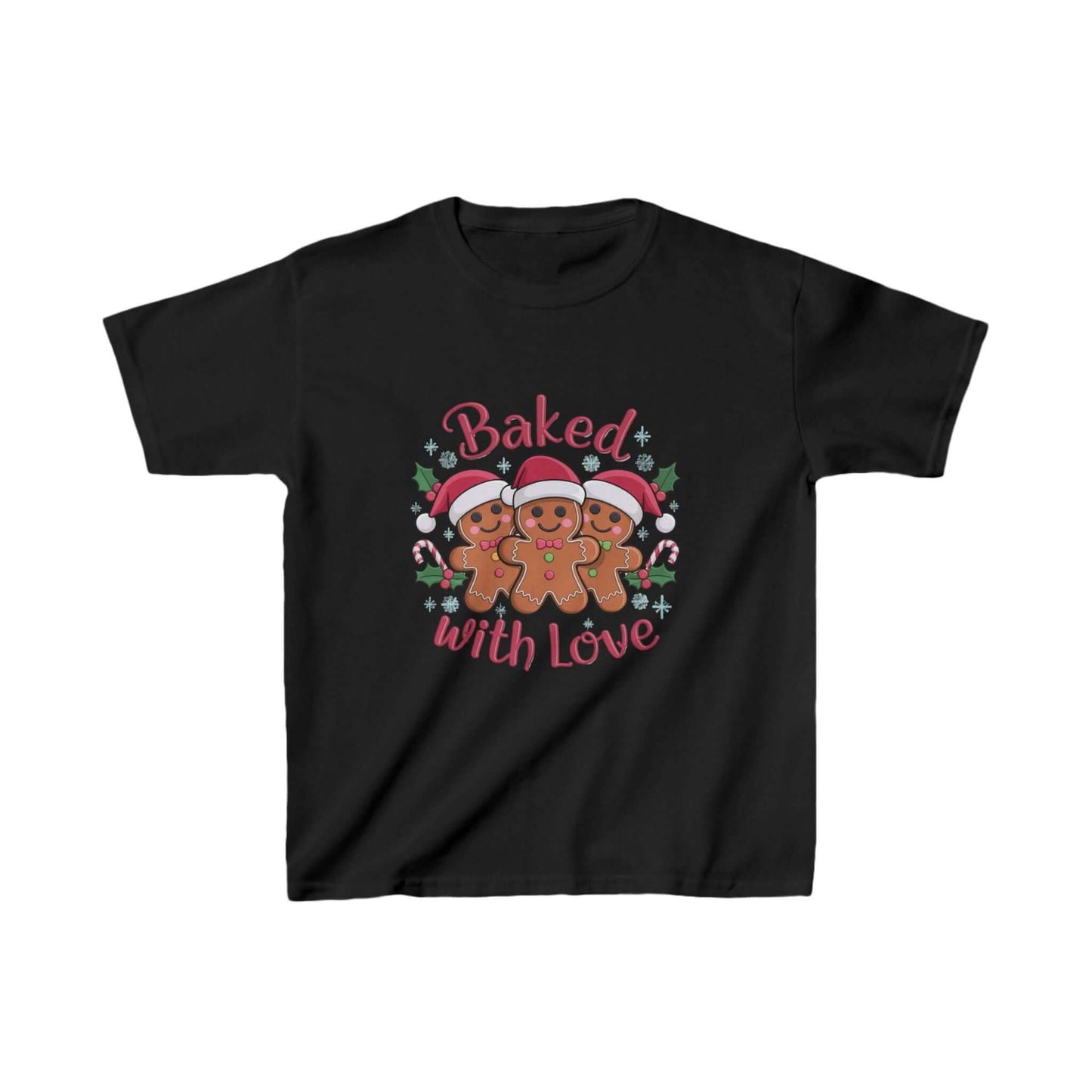 Kids T-shirt featuring gingerbread men in Santa hats with 'Baked with Love' typography, perfect for Christmas festivities.