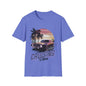 Vintage muscle car sunset T-shirt featuring 'Cruising Vibes' text and palm trees in a retro design.