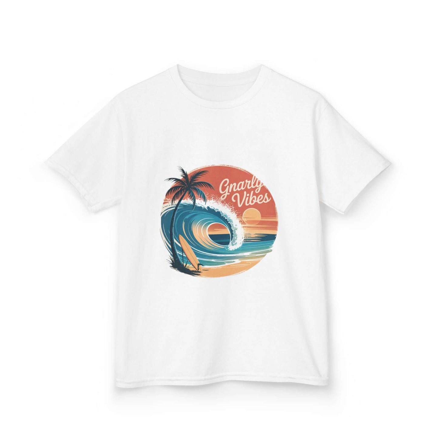 Kids tee featuring retro big wave surf design with 'Gnarly Vibes' against a sunset beach backdrop.