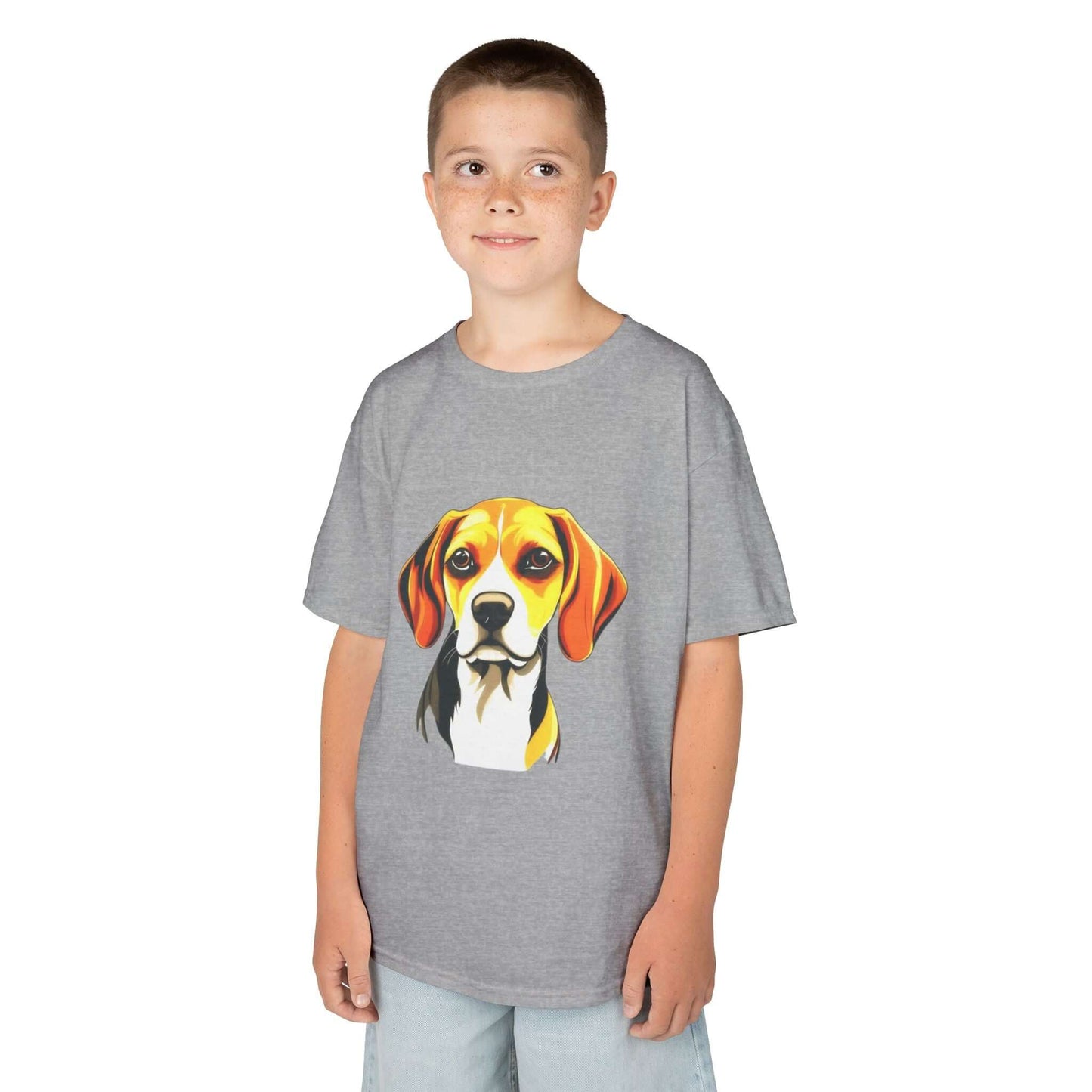 Boy wearing a gray kids tee featuring a cute hound dog illustration, perfect for young animal lovers.