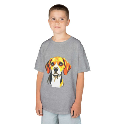 Boy wearing a gray kids tee featuring a cute hound dog illustration, perfect for young animal lovers.