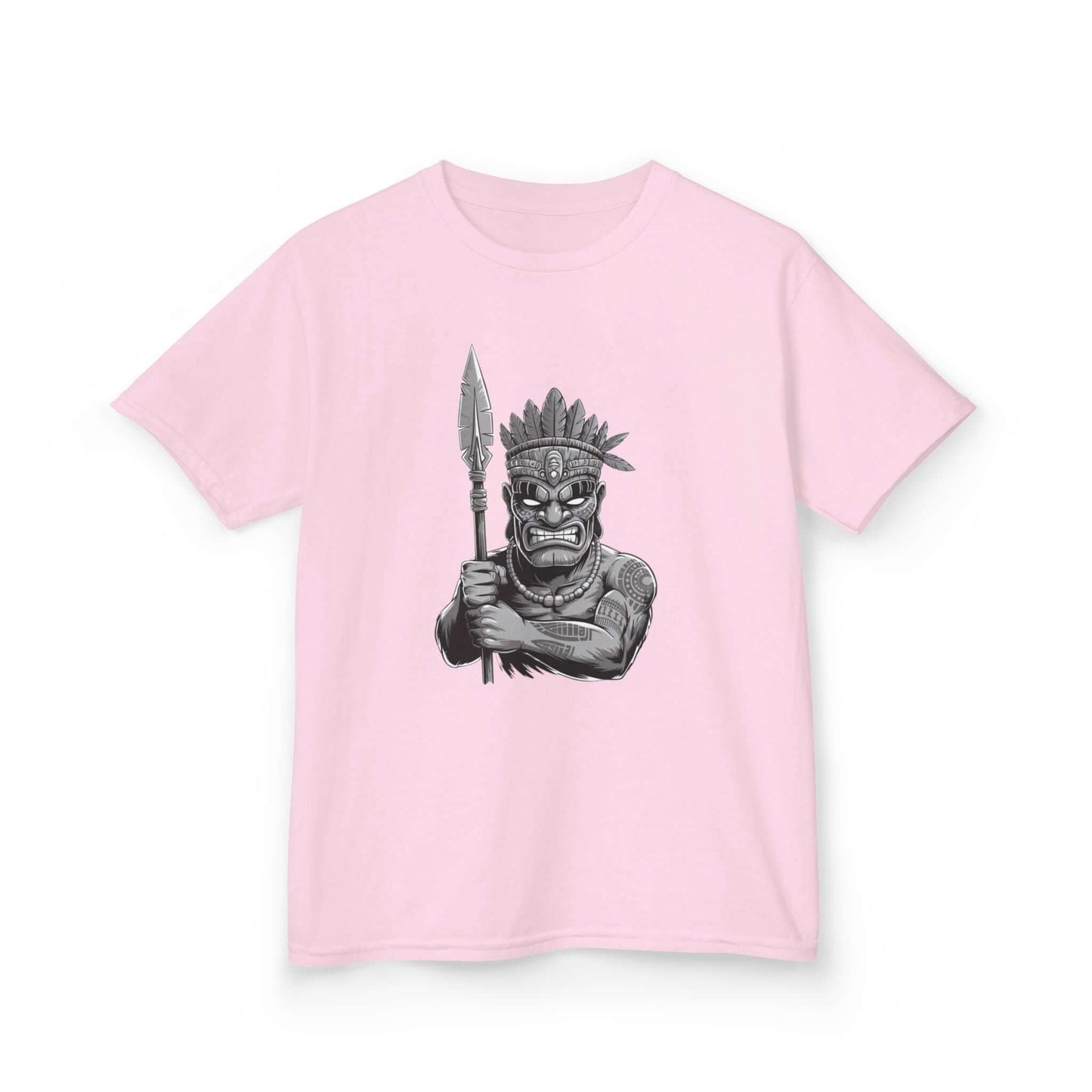 Kids Tee with black and white Tiki character design, perfect for playful fashion and unique look.