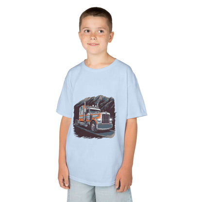 Boy wearing a light blue Kids Tee featuring a cool custom truck design, perfect for truck lovers.
