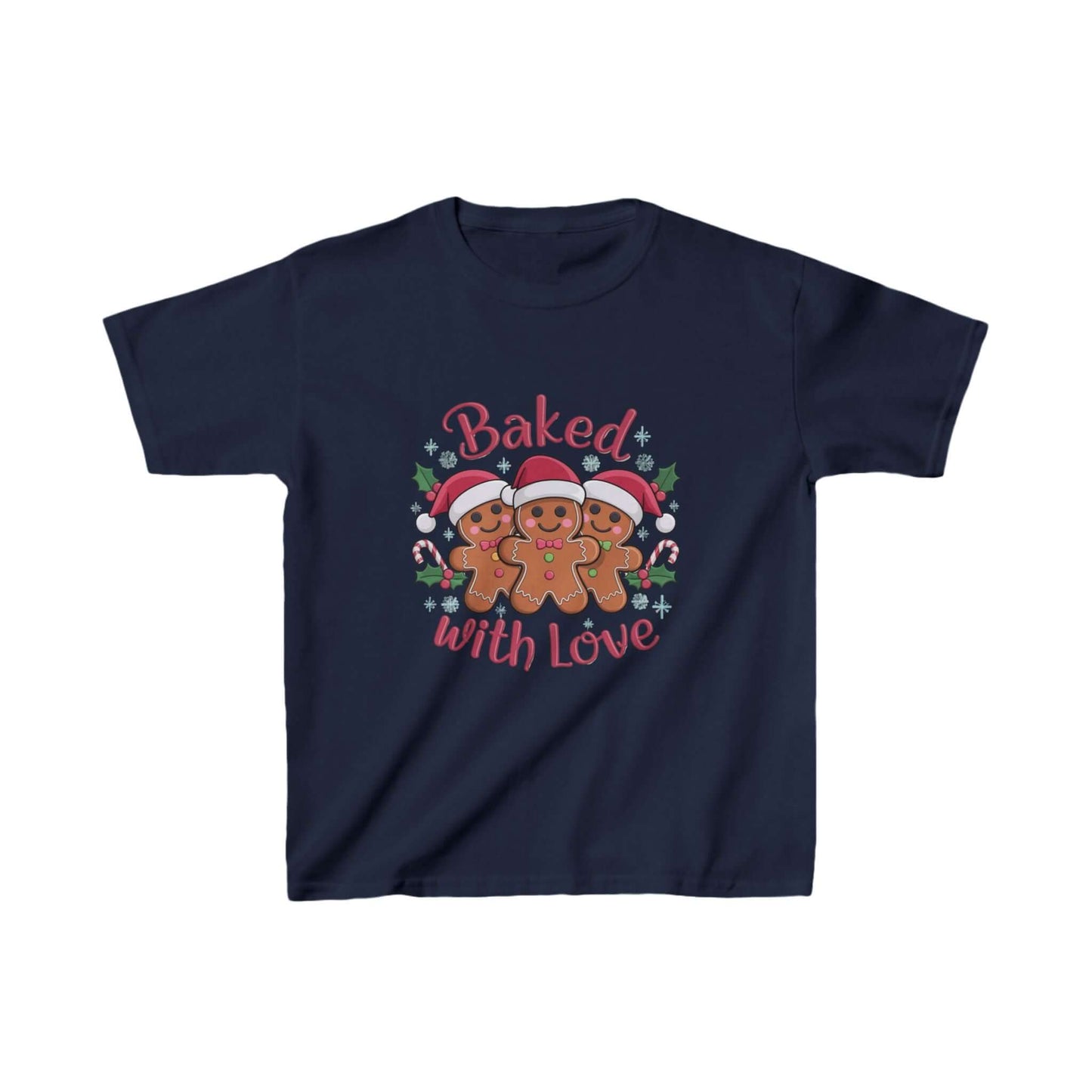 Kids T-shirt featuring gingerbread men in Santa hats and 'Baked with Love' typography, perfect for Christmas festivities.