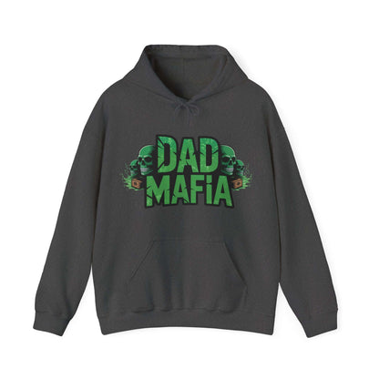 DAD MAFIA unisex hooded sweatshirt featuring distressed black lettering and neon green skull accents on a charcoal background.