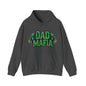 DAD MAFIA unisex hooded sweatshirt featuring distressed black lettering and neon green skull accents on a charcoal background.