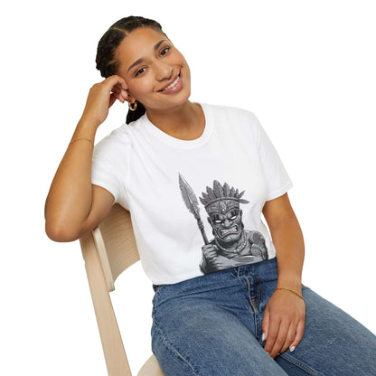 Woman smiling in a white T-shirt with Tiki character design, featuring a spear and headpiece for unique summer fashion.
