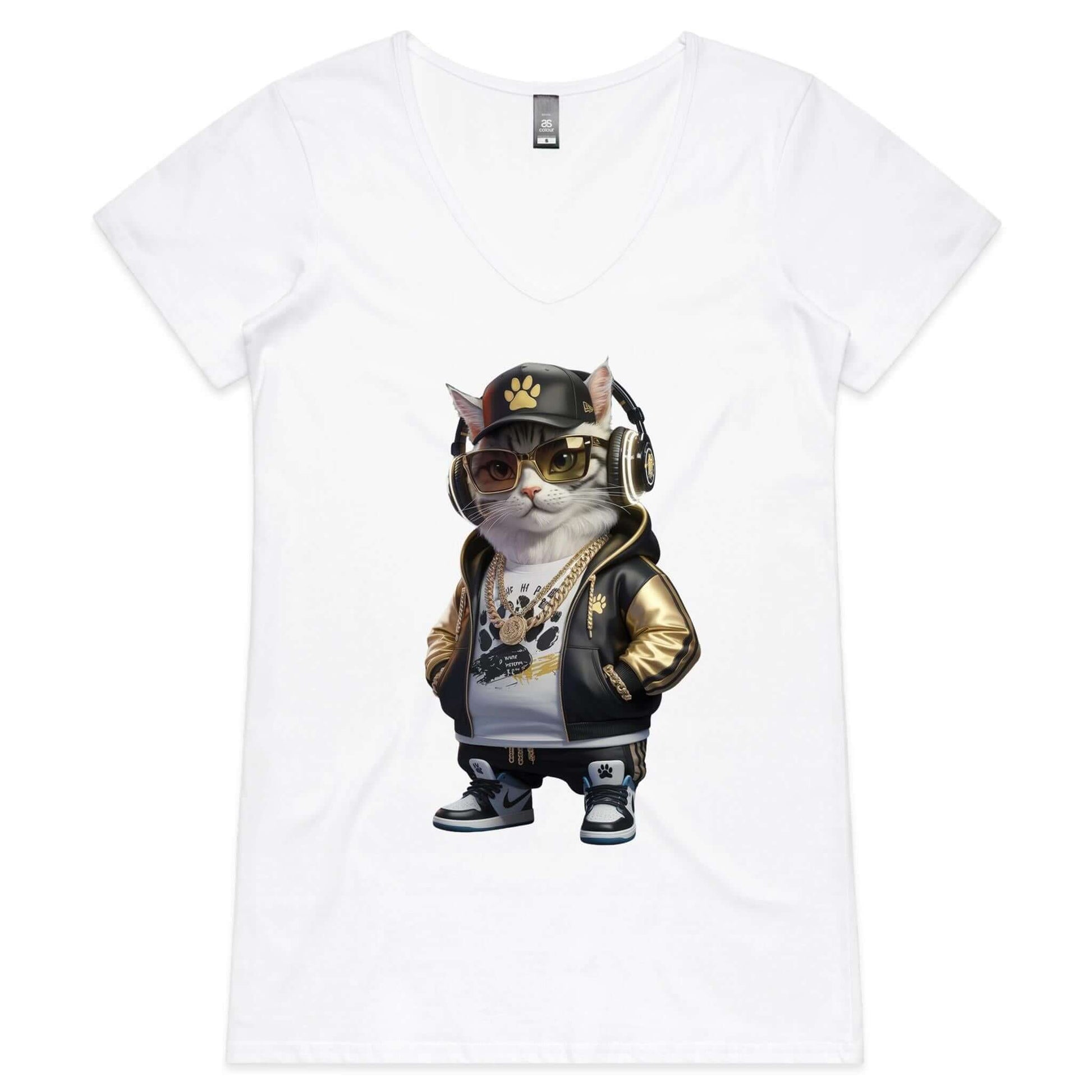 Woman's V-Neck t-shirt featuring a cool hip hop cat design in sunglasses and gold chains, ideal for cat lovers and baby fashion.