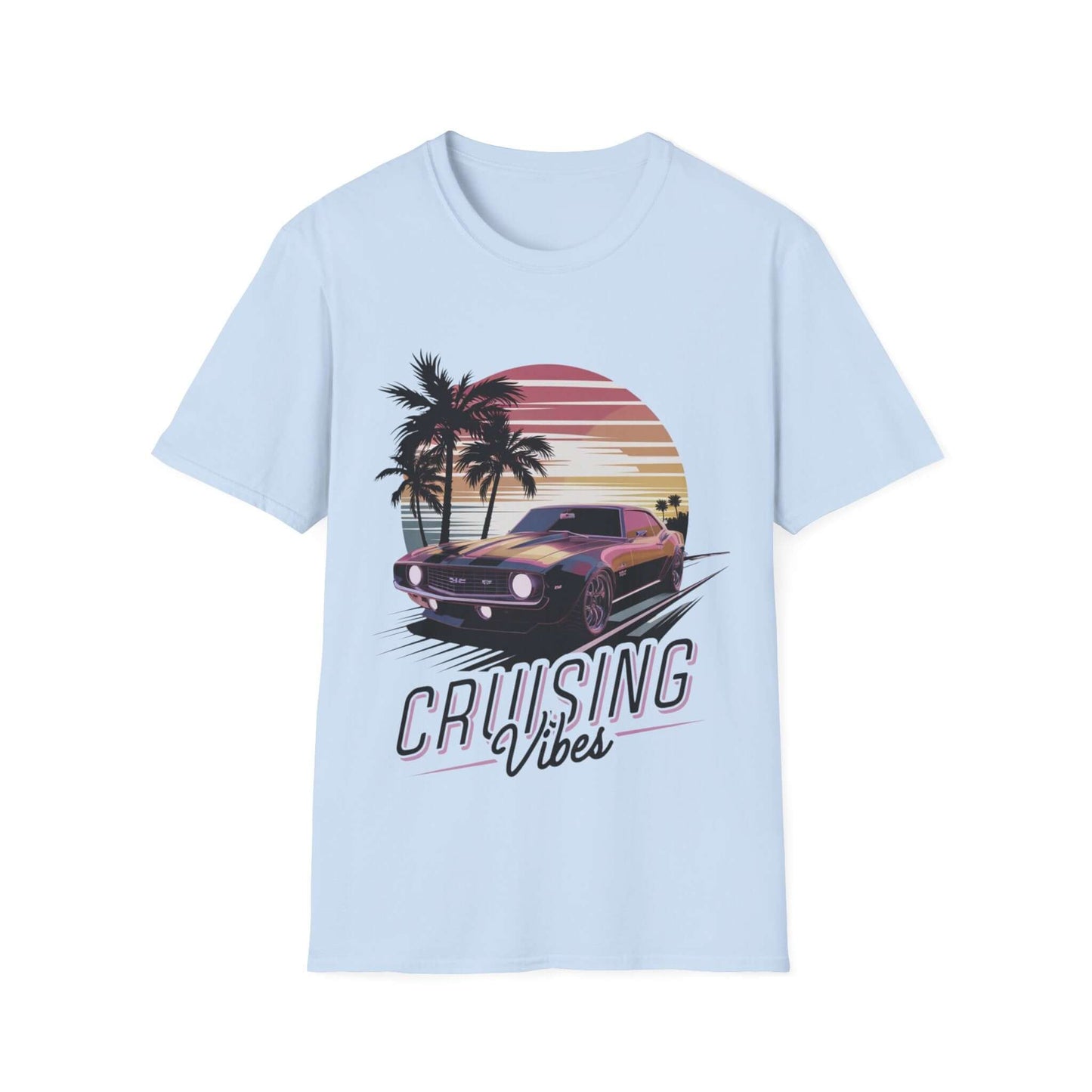 Vintage muscle car sunset T-shirt with 'Cruising Vibes' text and palm trees, perfect for retro style and car enthusiasts.