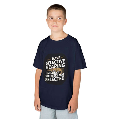 Kids navy tee with funny quote 'I have selective hearing I'm sorry you were not selected' and a sleeping cat design.