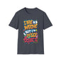 Funny typography T-shirt with quote "I may be wrong, but I really doubt it" in colorful design on dark fabric.