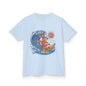 Cool kangaroo surfing a wave design on light blue Kid's Tee for beach lovers and surfing families.