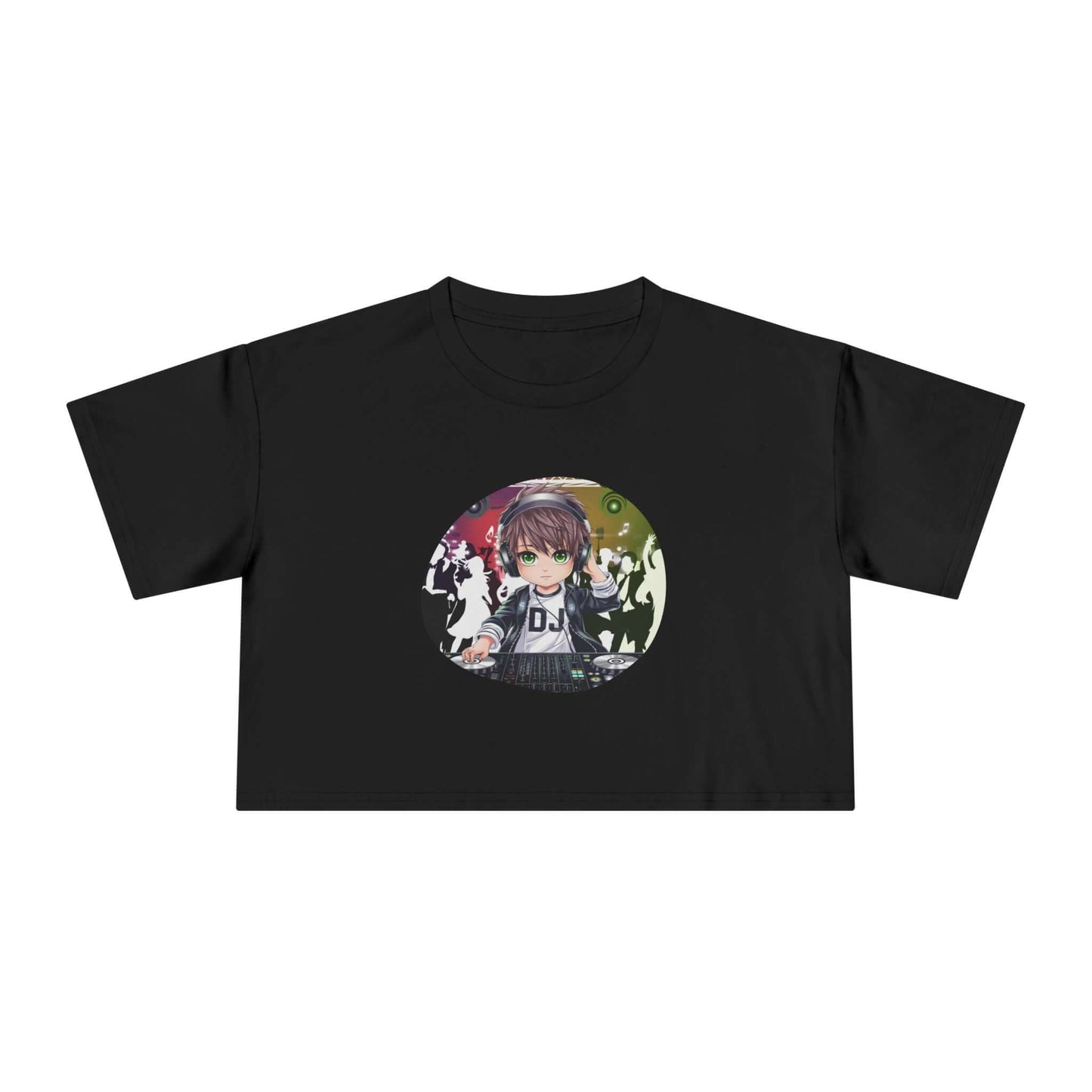 Woman's black crop top featuring DJ chibi boy playing music at a party, perfect for music lovers and party goers.