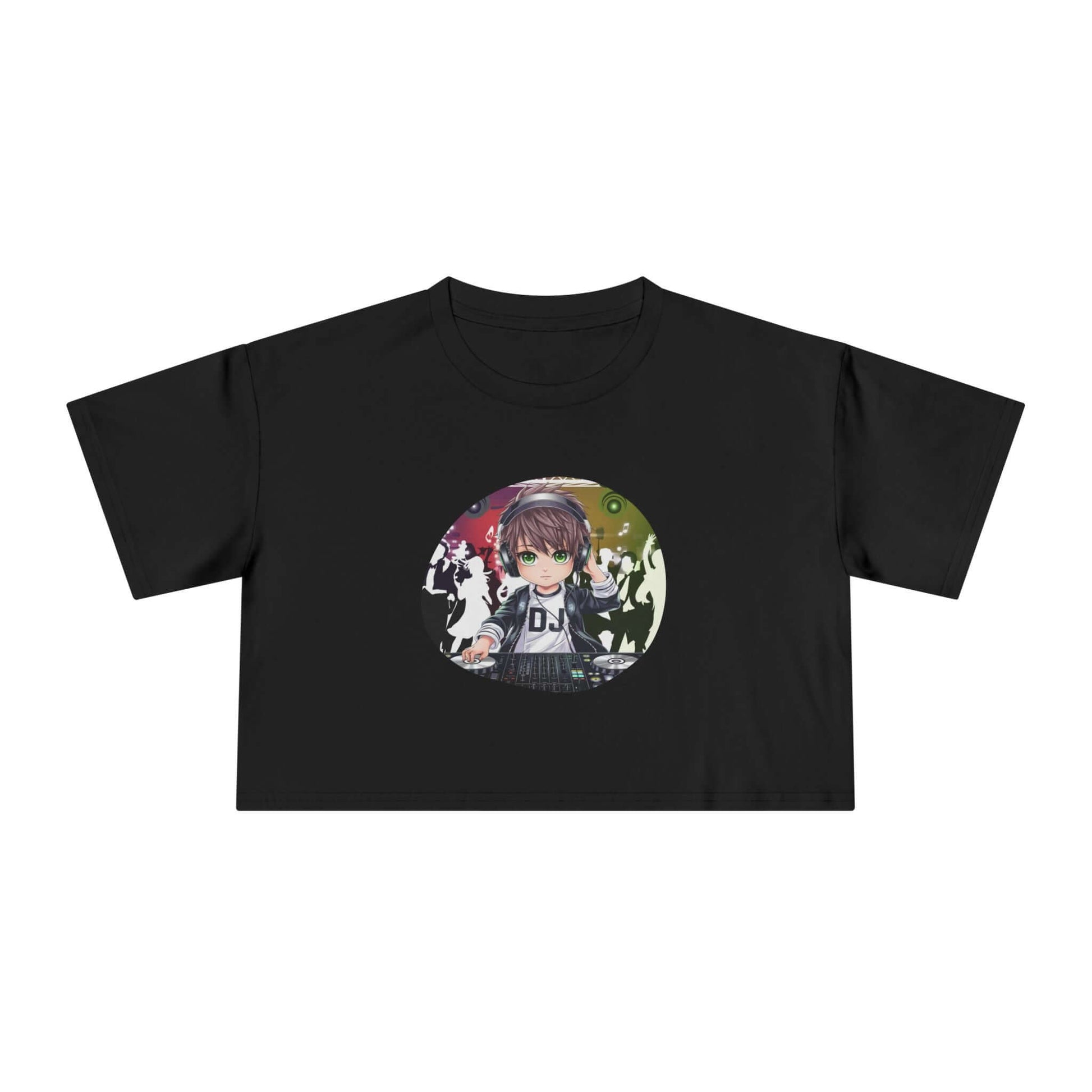 Woman's black crop top featuring DJ chibi boy playing music at a party, perfect for music lovers and party goers.