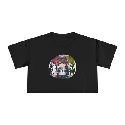 Woman's black crop top featuring DJ chibi boy playing music at a party, perfect for music lovers and party goers.
