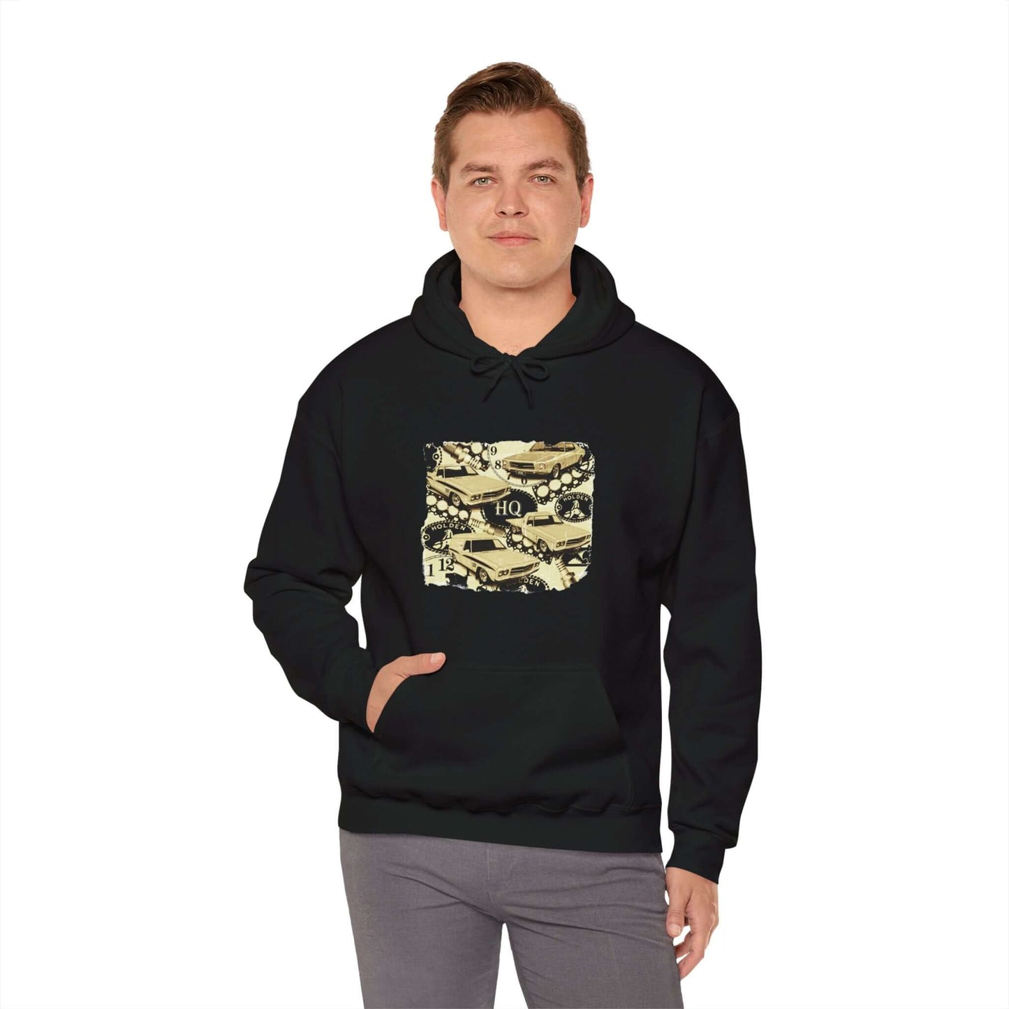 Vintage Holden HQ hoodie featuring iconic muscle cars design, perfect for Australian car enthusiasts.