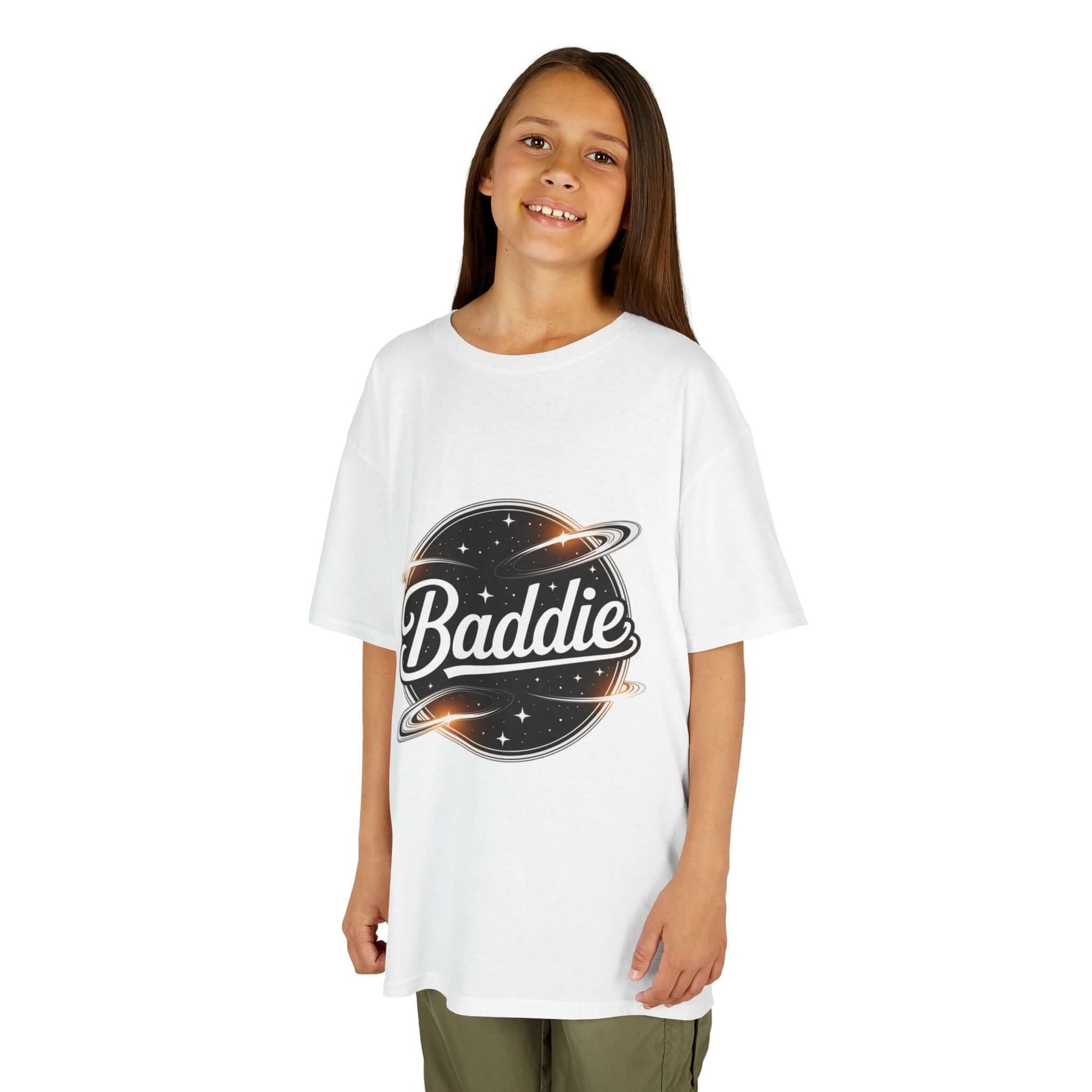Kids white tee featuring retro 'Baddie' universe design for trendy style and cool everyday wear.