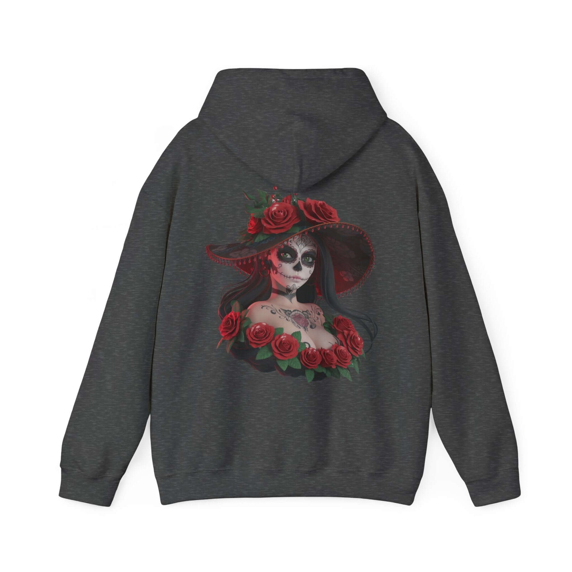 Chibi sugar skull woman hoodie featuring a woman with sugar skull makeup and roses, perfect for Halloween and Day of the Dead.