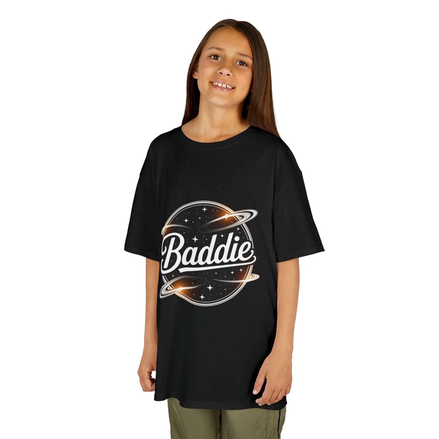 Kids tee in black featuring retro 'Baddie' universe design with text, perfect for trendy young fashion lovers.