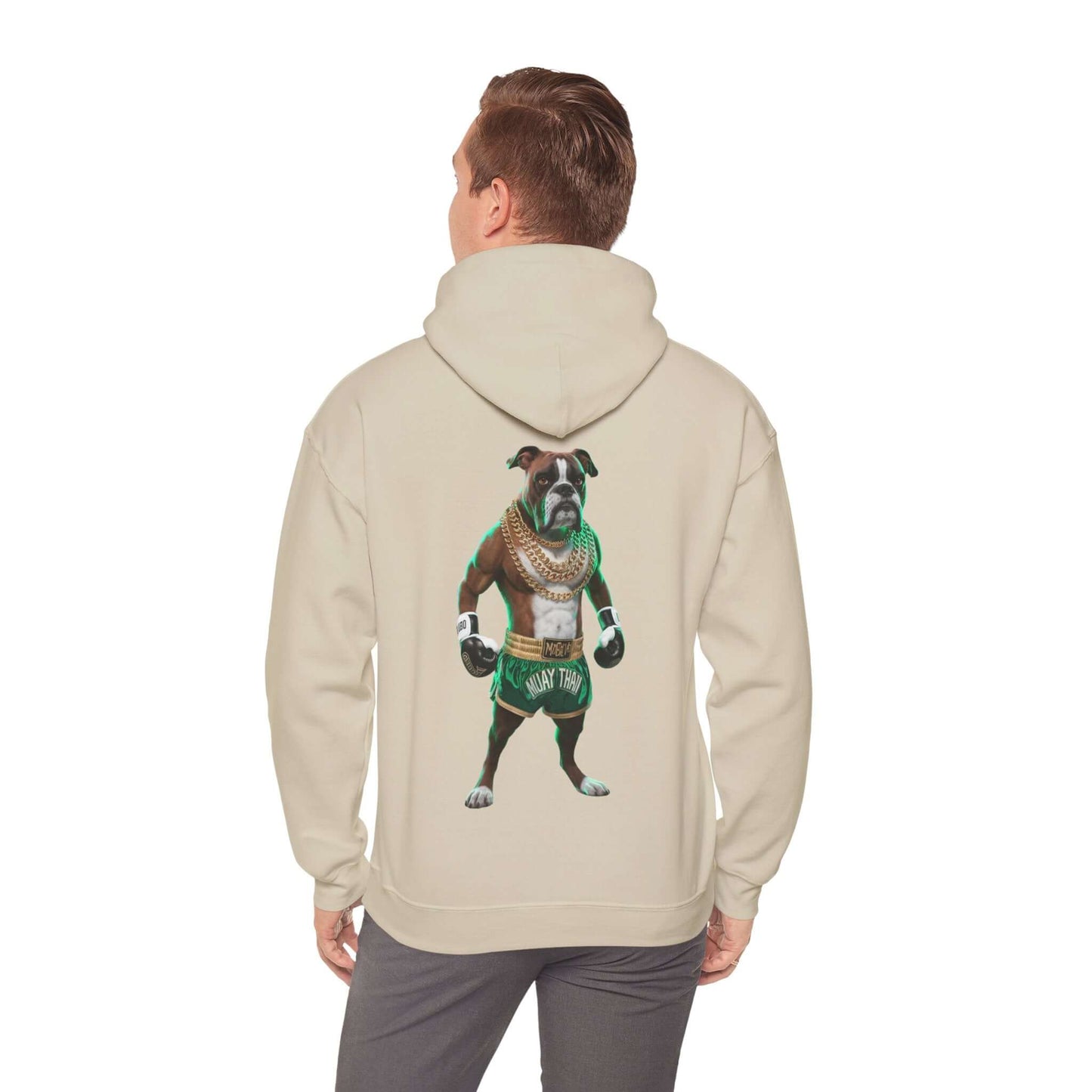 Hooded sweatshirt featuring a boxer dog dressed as a Muay Thai fighter with gold chains, perfect for dog lovers.