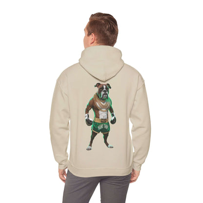 Hooded sweatshirt featuring a boxer dog dressed as a Muay Thai fighter with gold chains, perfect for dog lovers.