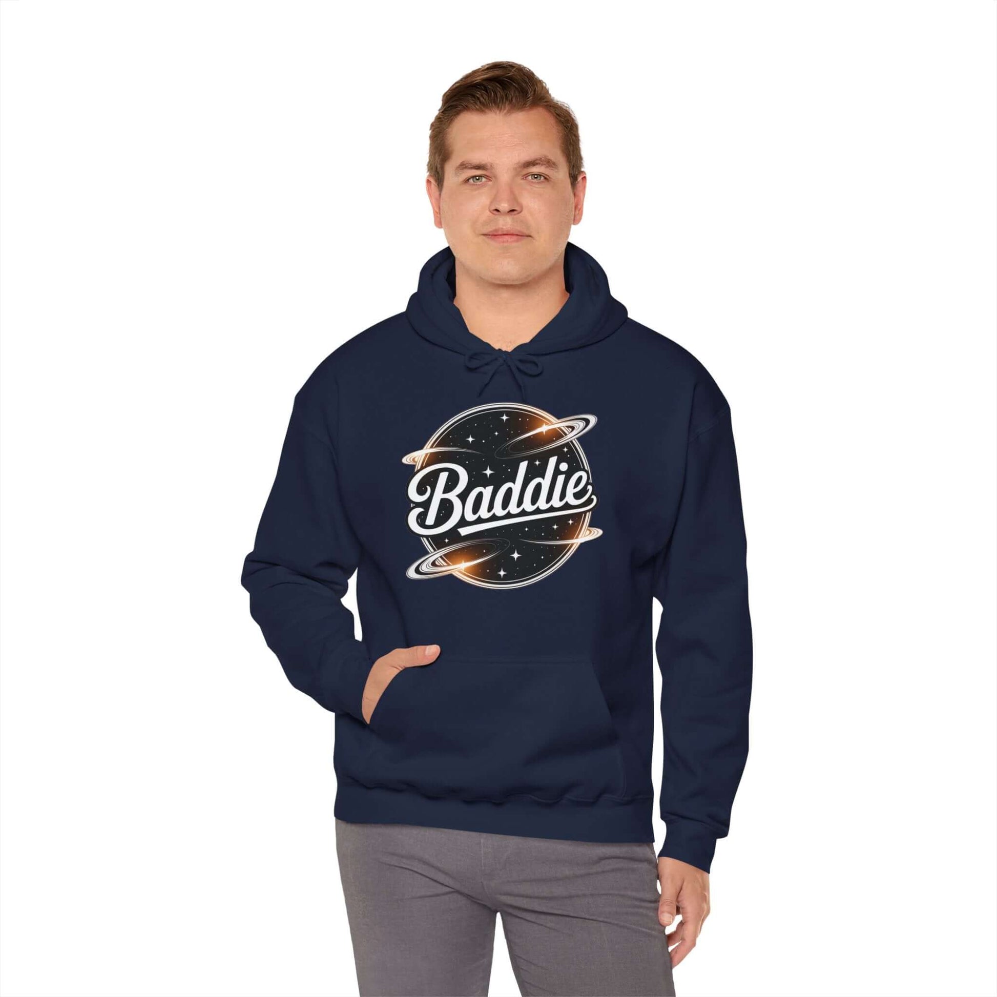 Hooded jumper featuring 'Baddie' universe design, retro style, perfect for trendy casual wear.