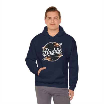 Hooded jumper featuring 'Baddie' universe design, retro style, perfect for trendy casual wear.