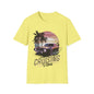 Vintage muscle car sunset T-shirt in yellow with 'Cruising Vibes' text and palm trees design. Perfect for car enthusiasts.