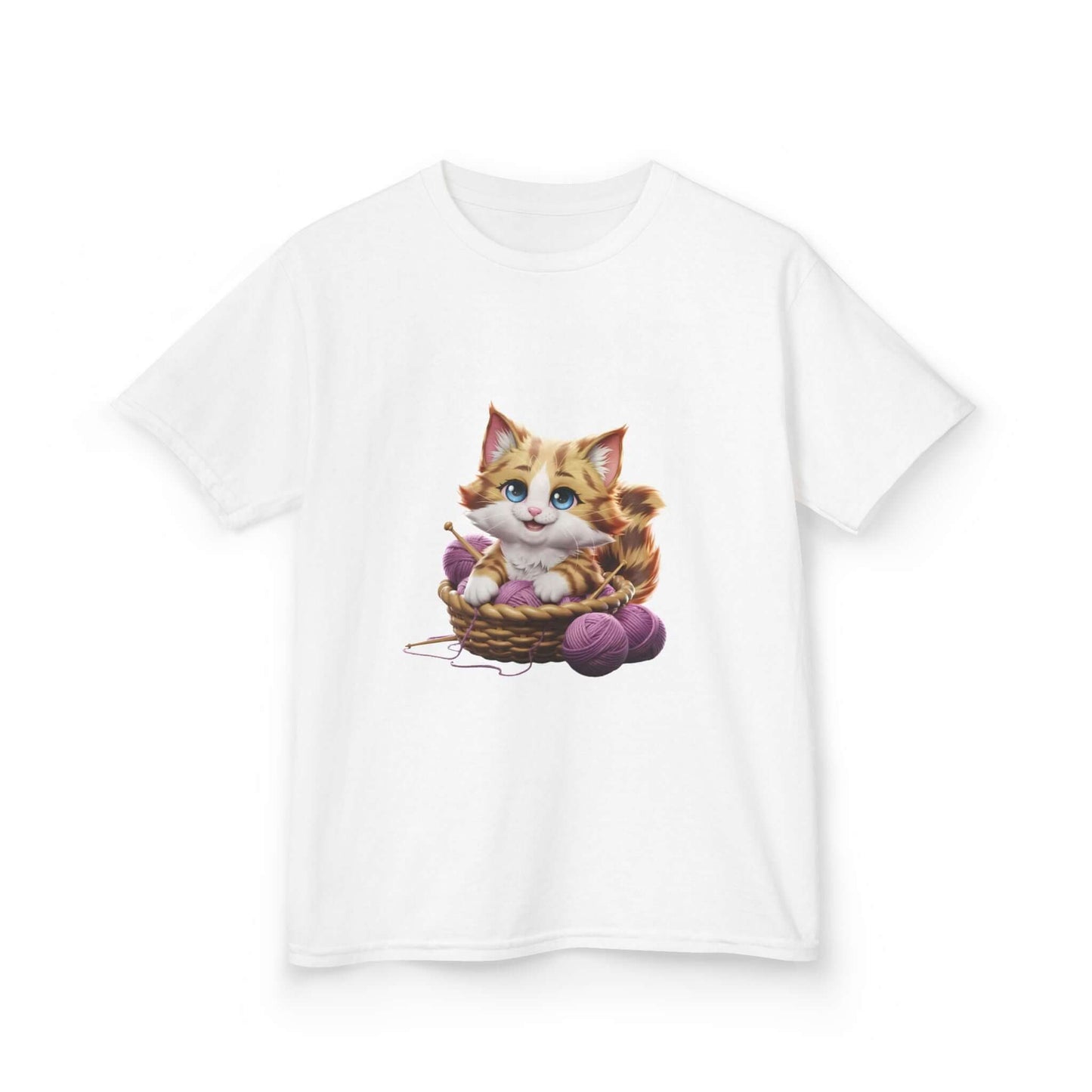 White Kid's T-shirt featuring a cute kitten playing in a basket of wool, perfect for cat lovers.