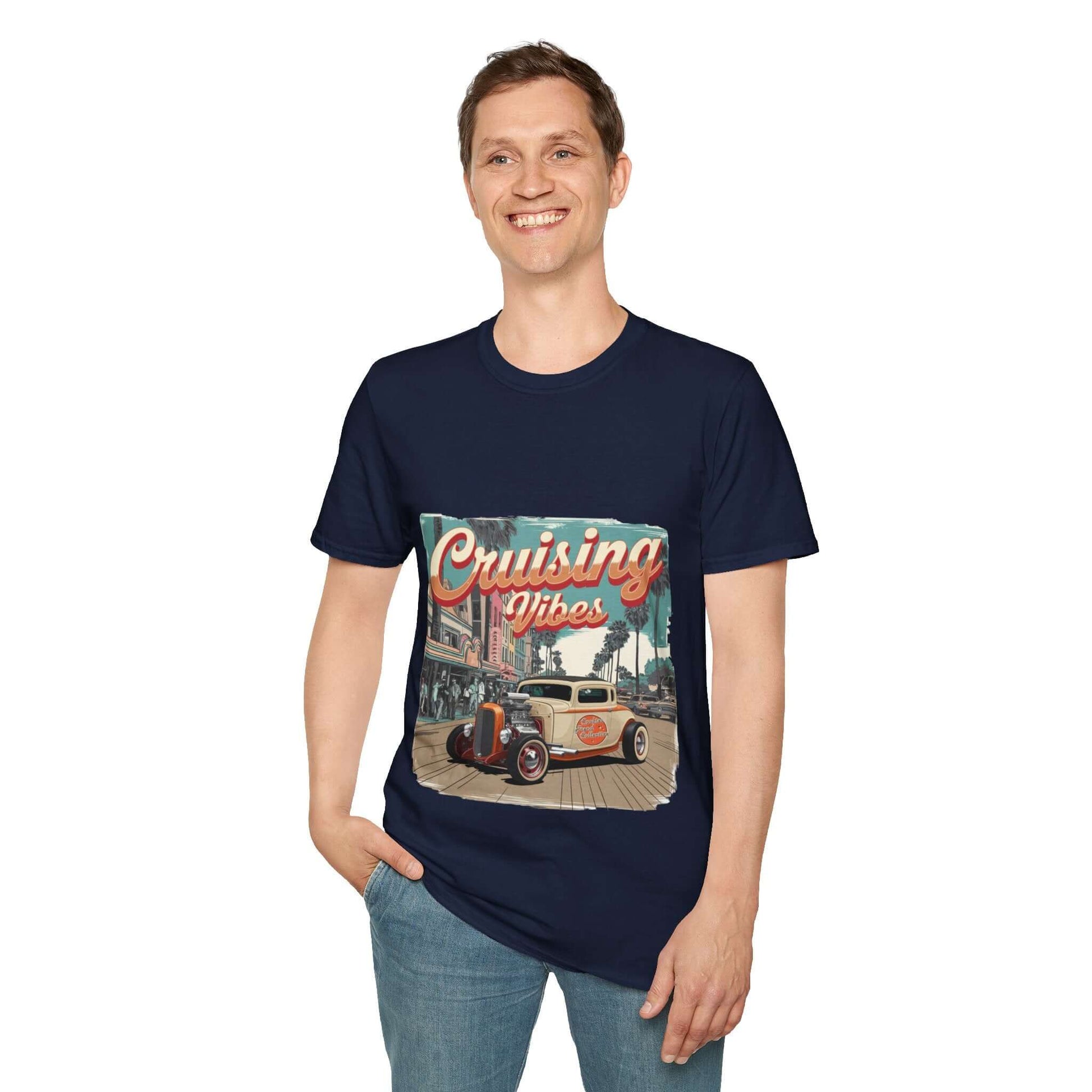 Man wearing a navy t-shirt with a vintage hotrod design featuring palm trees and "Cruising Vibes" text.