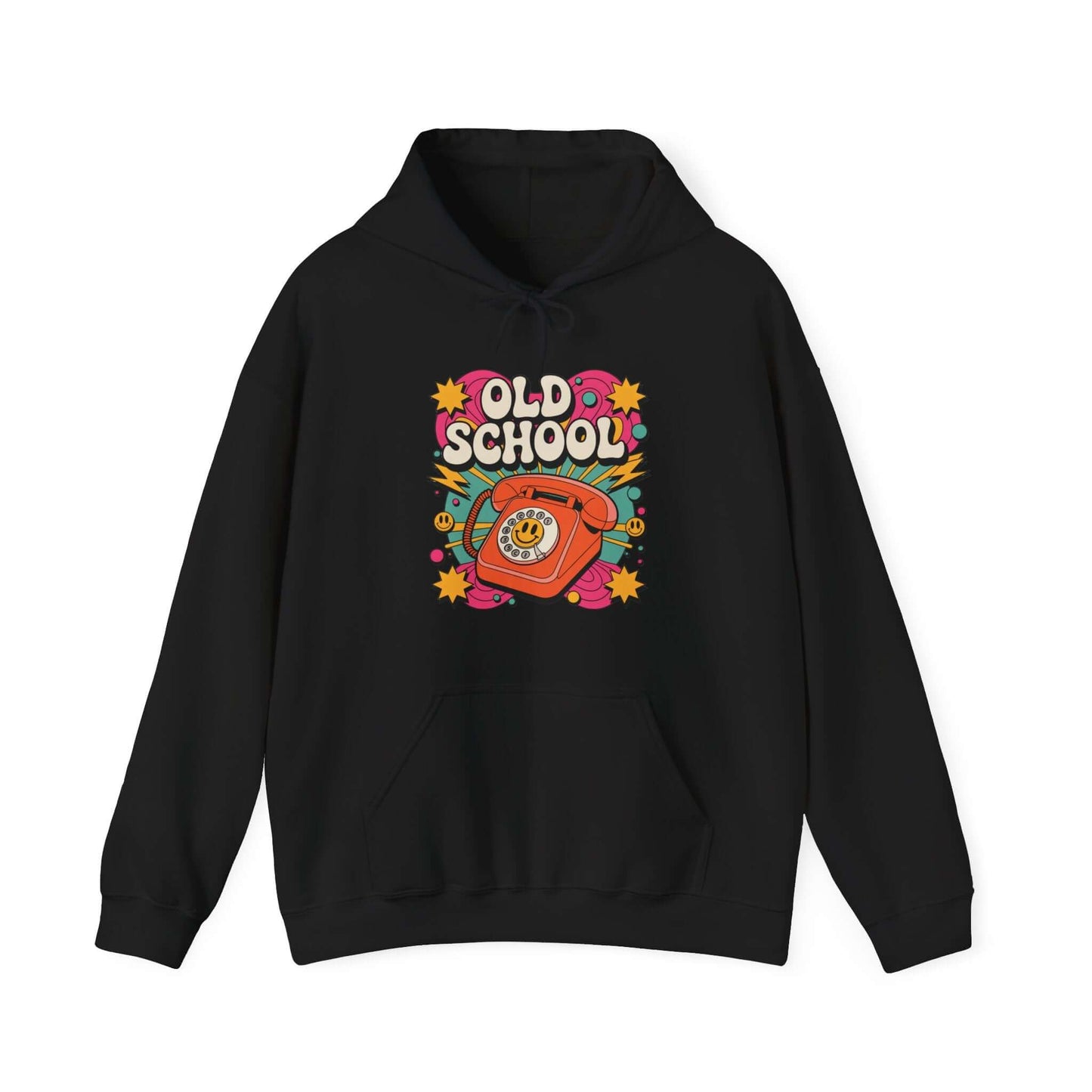 Old School retro hoodie featuring a dial-up telephone, vibrant colors, and fun graphics, perfect for nostalgic fashion lovers.