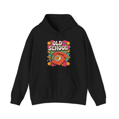 Old School retro hoodie featuring a dial-up telephone, vibrant colors, and fun graphics, perfect for nostalgic fashion lovers.