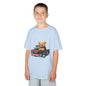 Light blue kid's t-shirt featuring a cute teddy bear with a vintage pickup truck design, perfect for car lovers.