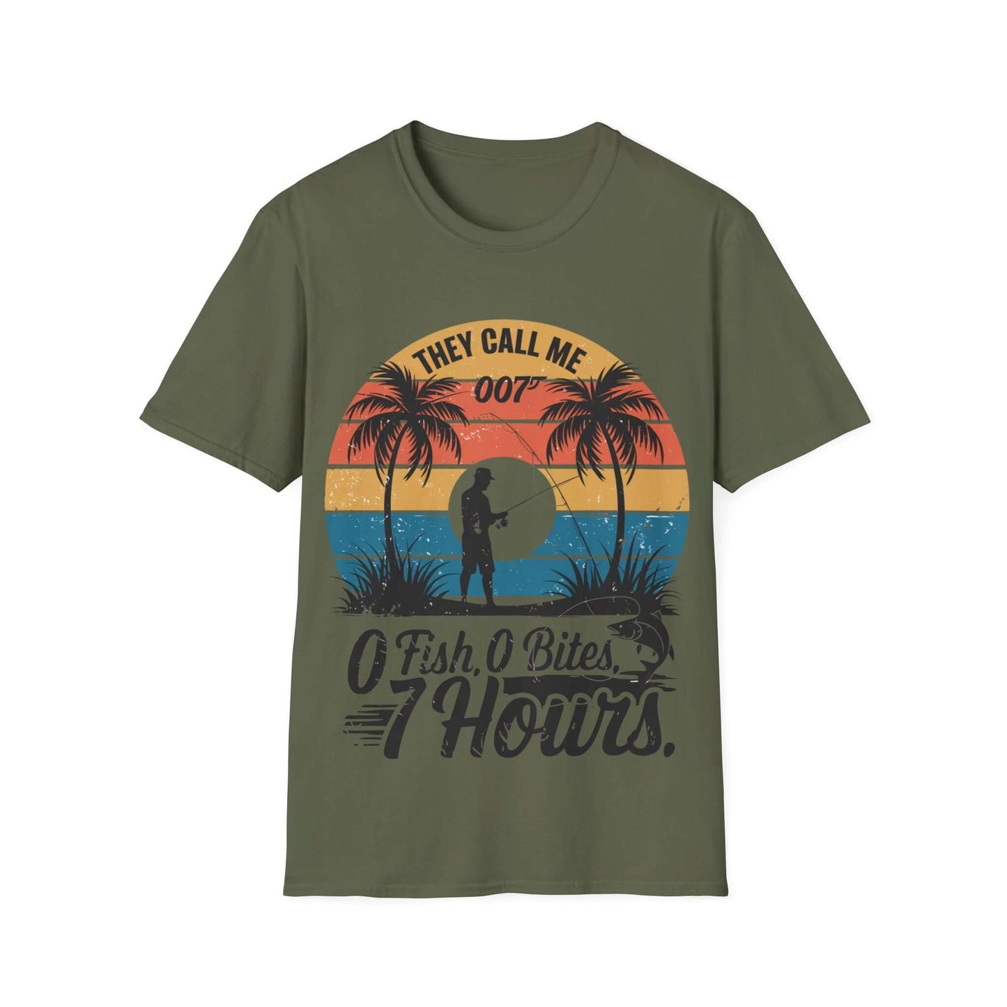 Retro funny fishing quote shirt with palm trees and text 'They call me 007 0 Fish 0 Bites 7 Hours' for fishing enthusiasts.
