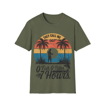 Retro funny fishing quote shirt with palm trees and text 'They call me 007 0 Fish 0 Bites 7 Hours' for fishing enthusiasts.
