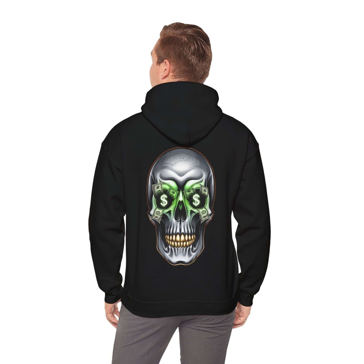 Unisex Money Skull Hoodie featuring cool skull design with dollar signs, perfect for streetwear fashion.