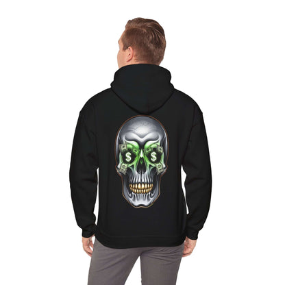 Unisex Money Skull Hoodie featuring cool skull design with dollar signs, perfect for streetwear fashion.