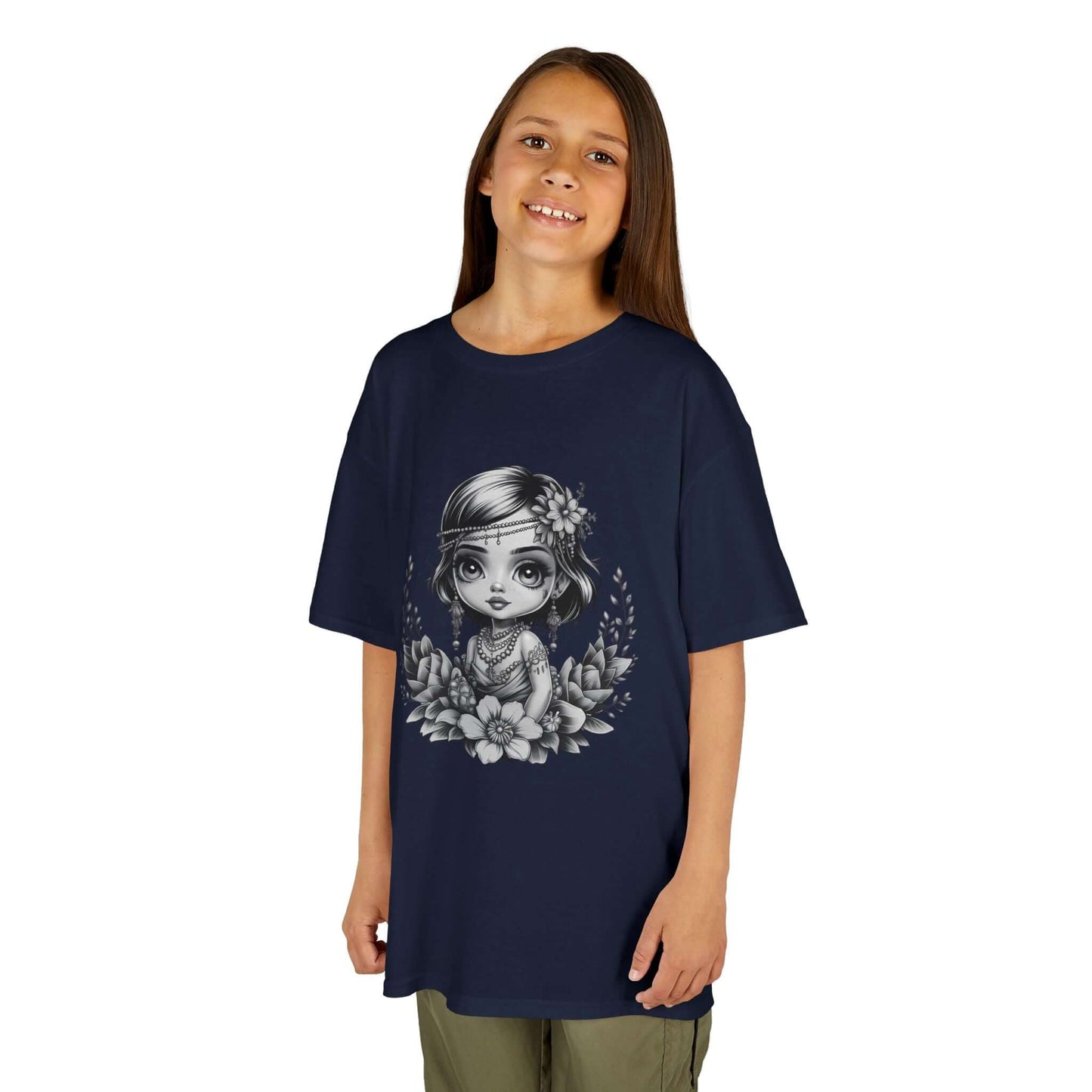 Chibi girl kids tee with black and white illustration of flowers and jewelry, cute and playful design.