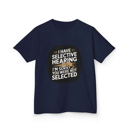 Kids tee with a sleeping cat and funny quote 'I have selective hearing I'm sorry you were not selected'.