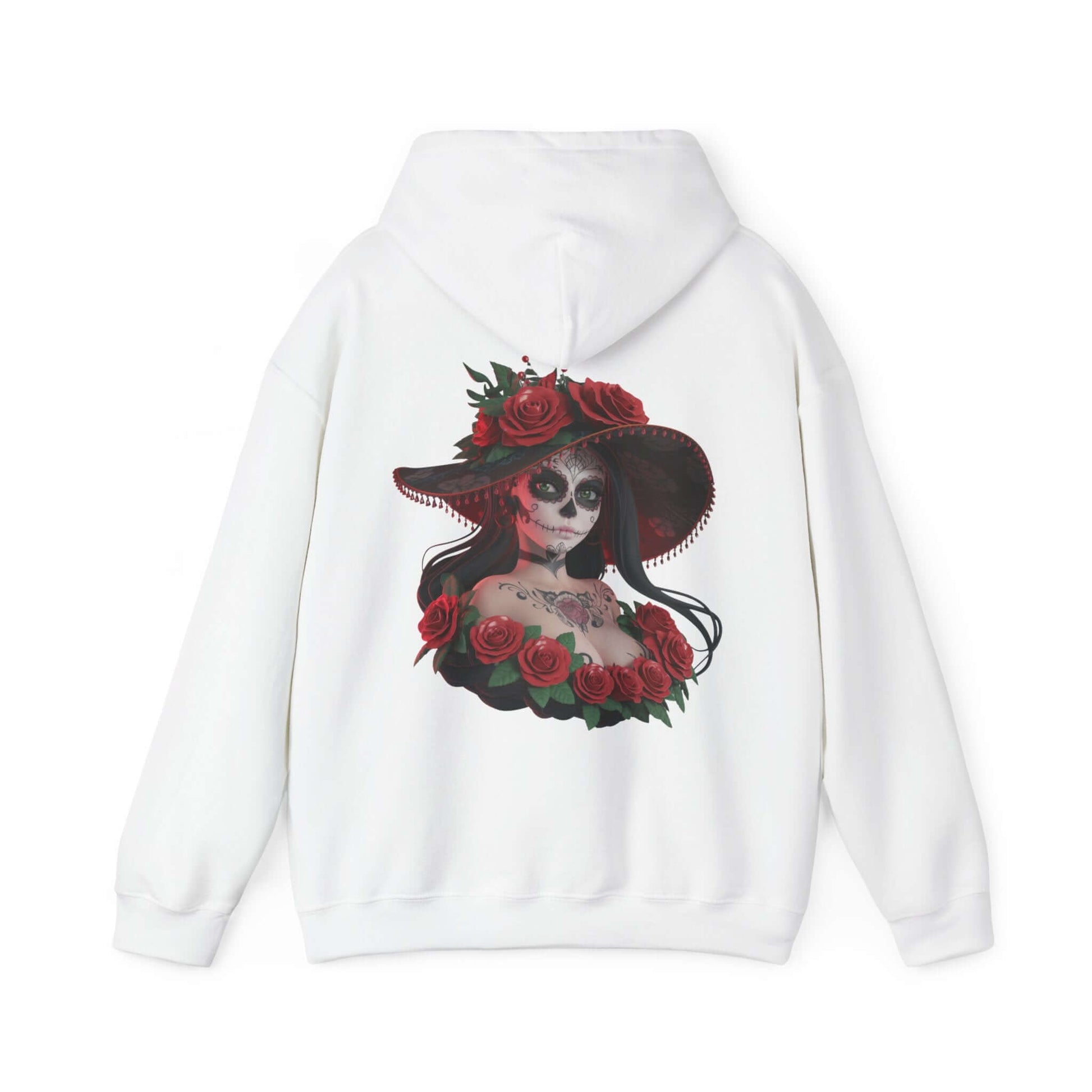 Chibi woman with sugar skull makeup and roses on a white hoodie, perfect for Halloween and Day of the Dead festivities.