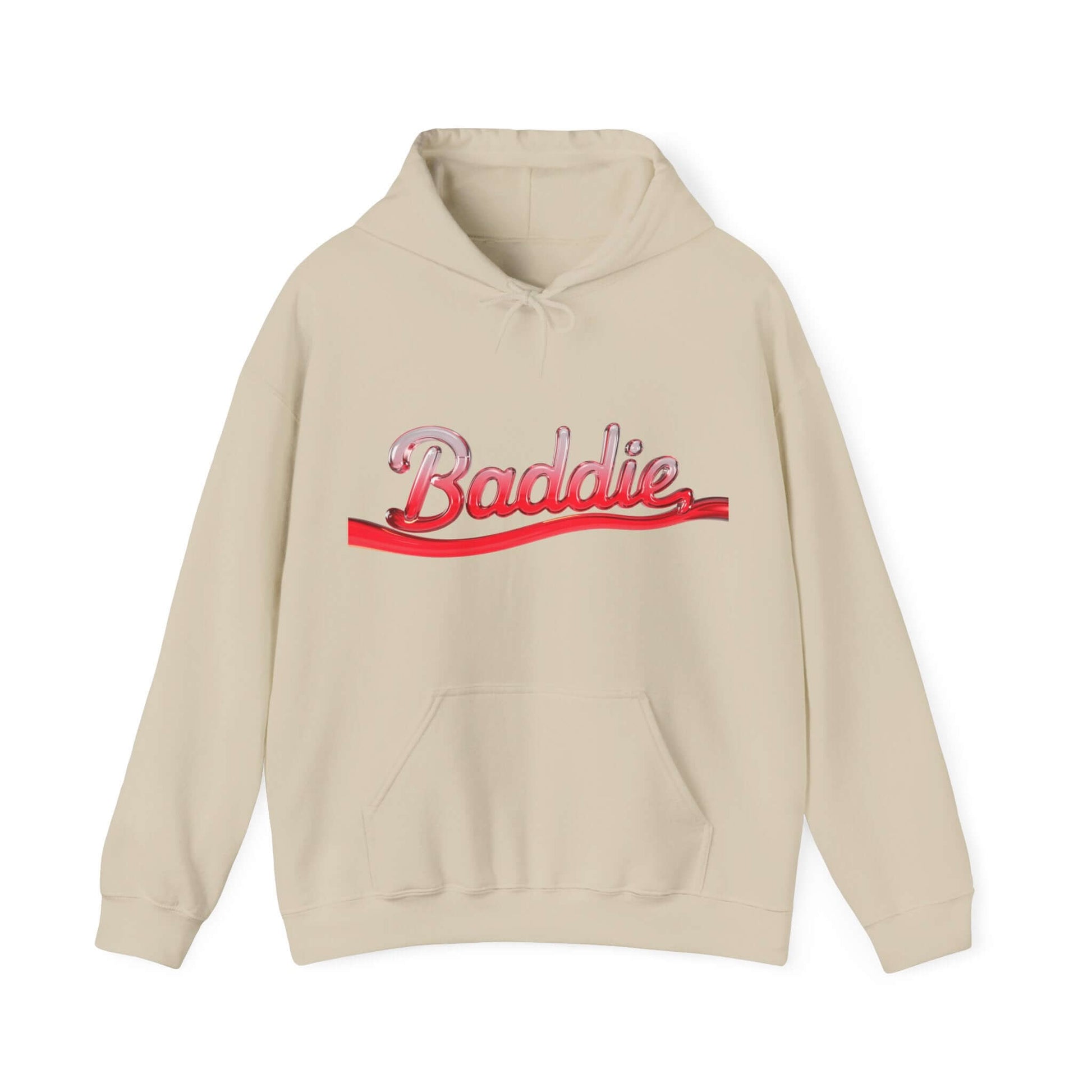 Trendy hooded sweatshirt featuring 'Baddie' typography design in red liquid-like text, ideal for streetwear lovers.