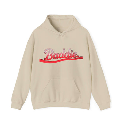 Trendy hooded sweatshirt featuring 'Baddie' typography design in red liquid-like text, ideal for streetwear lovers.