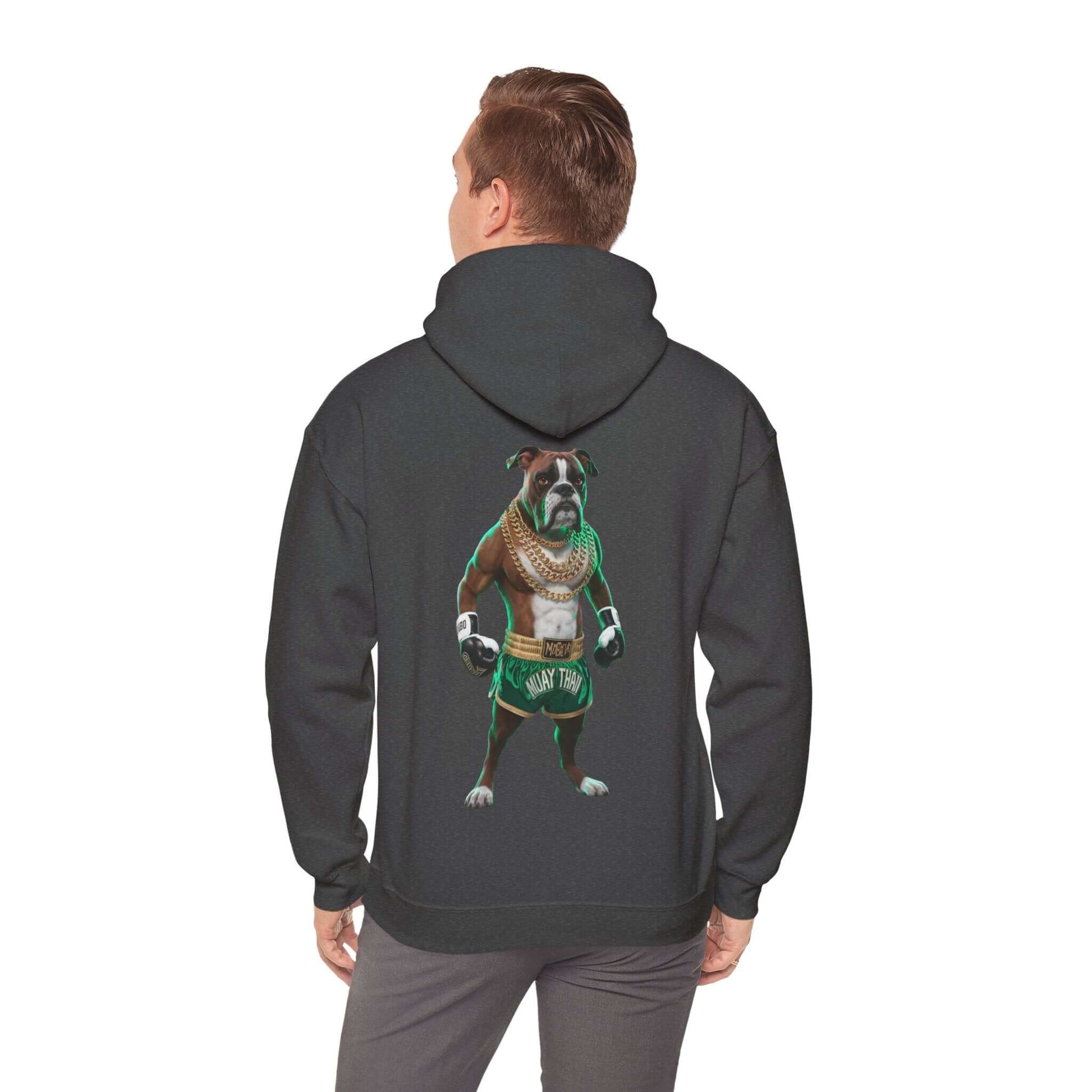 Hooded sweatshirt featuring a boxer dog dressed as a Muay Thai fighter with gold chains.