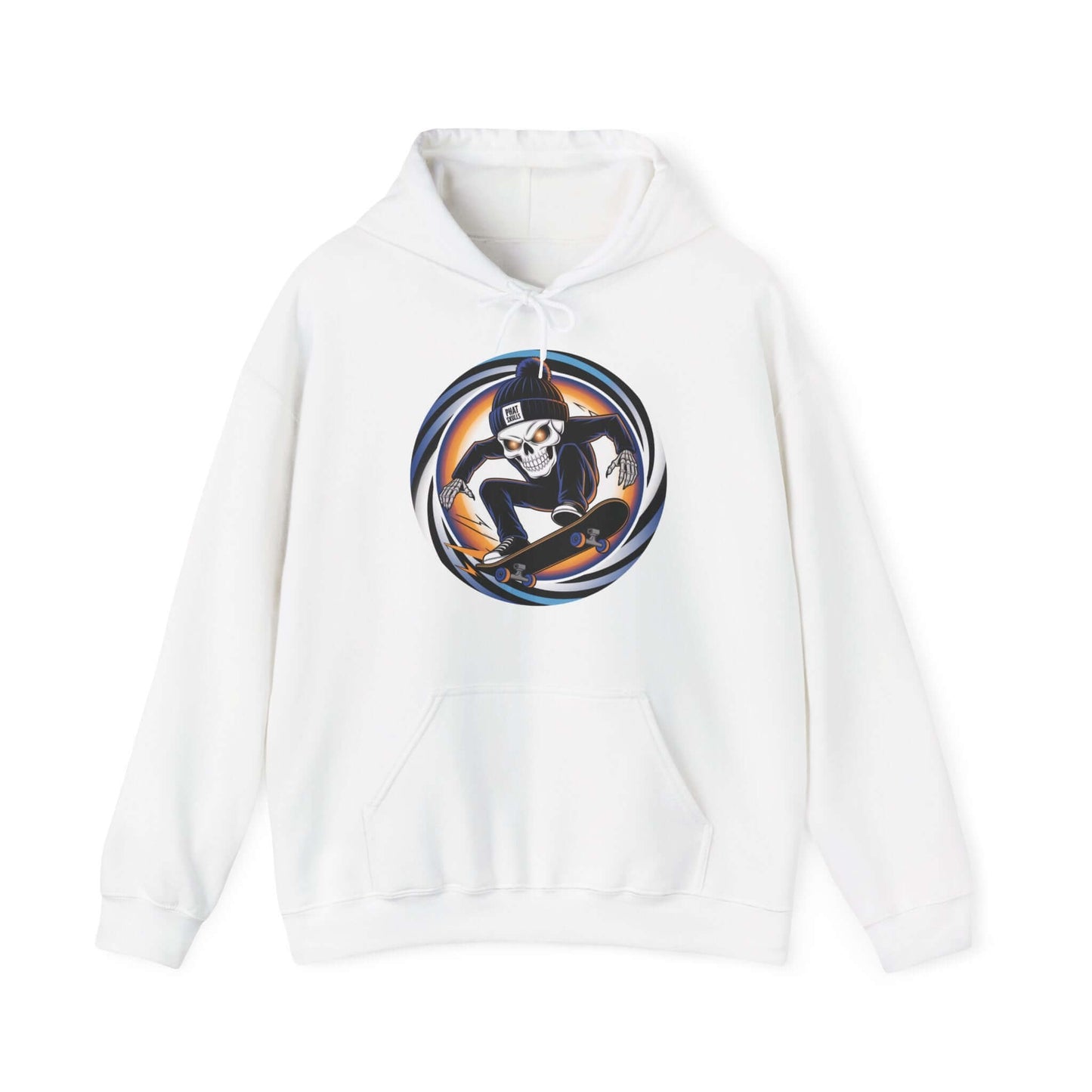 Edgy skater hoodie featuring skeleton mid-trick on skateboard with 'Phat Skulls' beanie, perfect for urban streetwear.