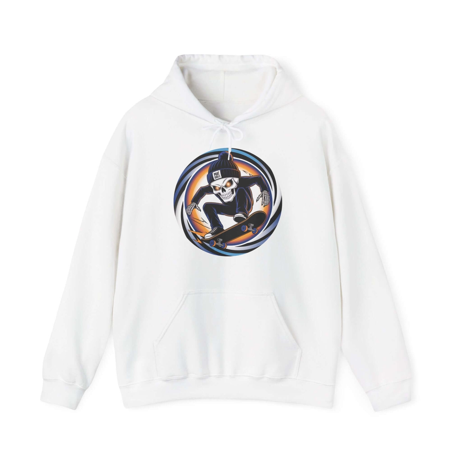 Edgy skater hoodie featuring skeleton mid-trick on skateboard with 'Phat Skulls' beanie, perfect for urban streetwear.