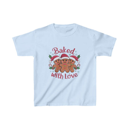 Kids T-shirt featuring gingerbread men in Santa hats and 'Baked with Love' typography, perfect for Christmas festivities.